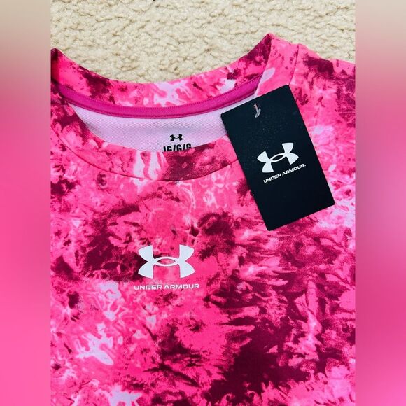NWT Under Amour Women's Rival Terry Printed Crew T-Shirt in Pace Pink/White Sz L - Picture 10 of 12